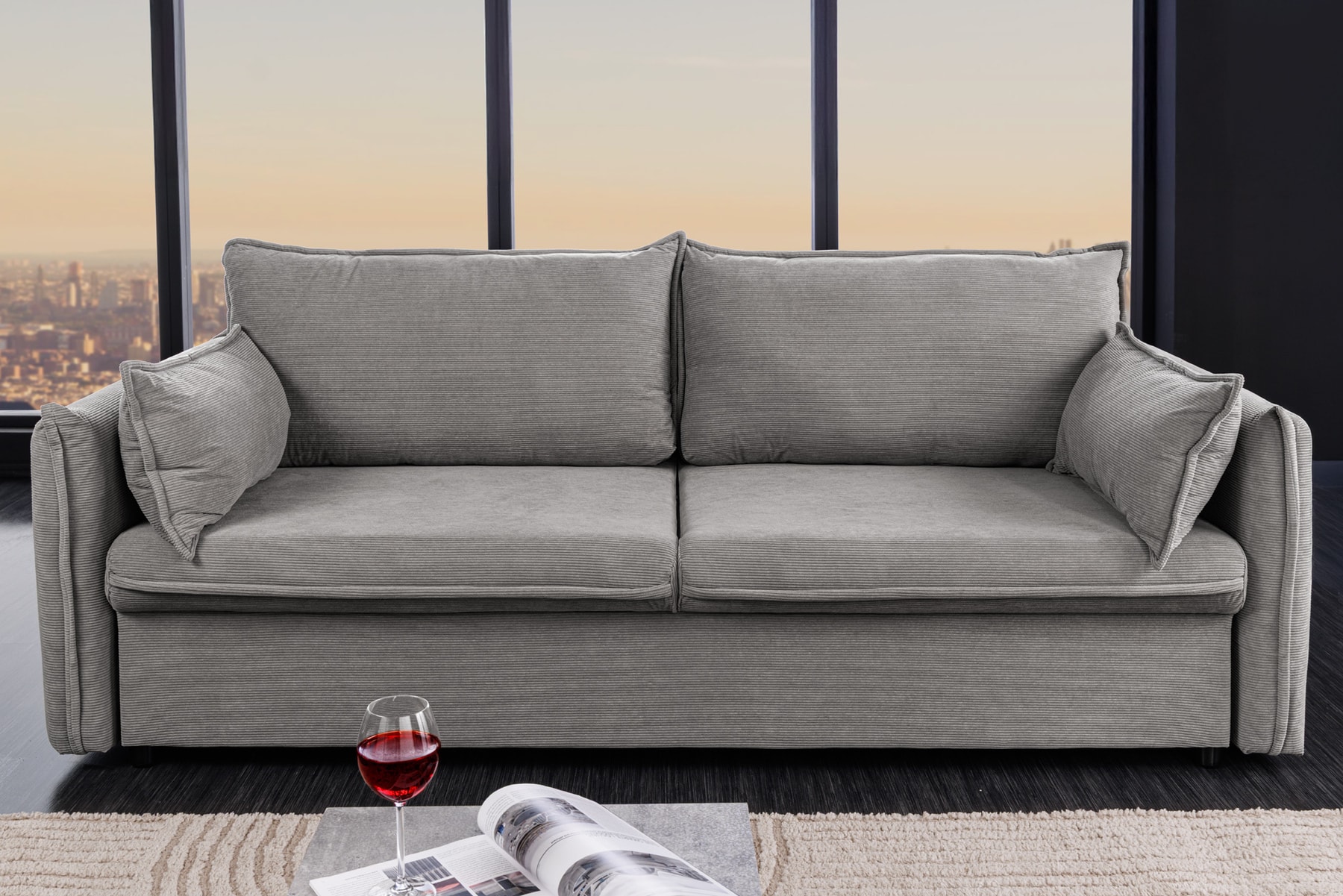 XXL Sofa mit Schlaffunktion APARTMENT grau Cord inkl. Bettkasten und Kissen
