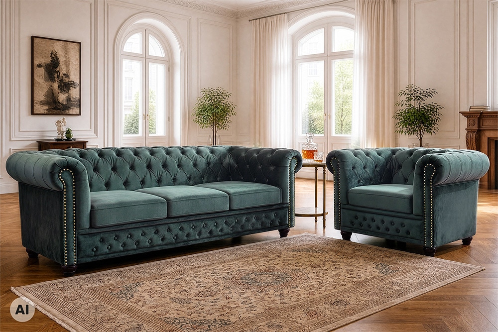 Barocker Sessel CHESTERFIELD petrol Samt Federkern goldene Nieten mit Knopfheftung