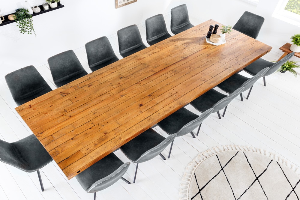 Massivholz Esstisch THOR 300cm vintage braun Pinie recycelt Industrial Design Eisen X-Gestell
