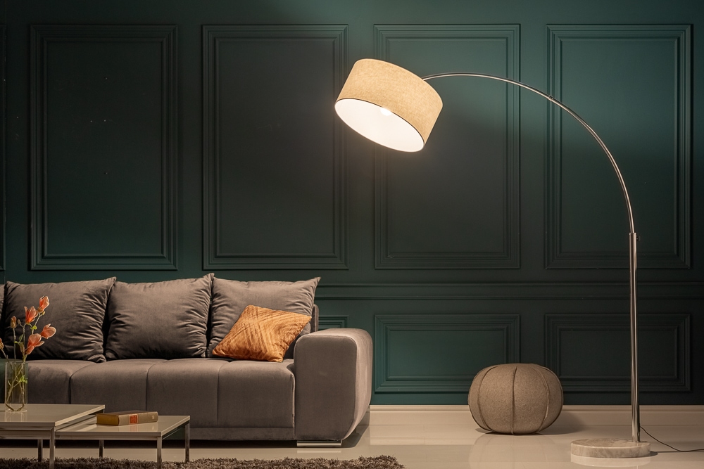 Ausziehbare Bogenlampe LOUNGE DEAL 170-200cm weiß Leinenschirm Stehlampe