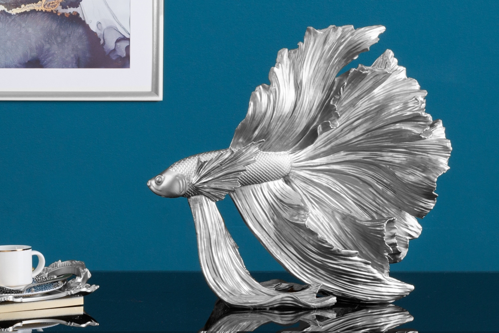 Design Deko Figur Kampffisch CROWNTAIL 35cm silber Betta Fisch Skulptur