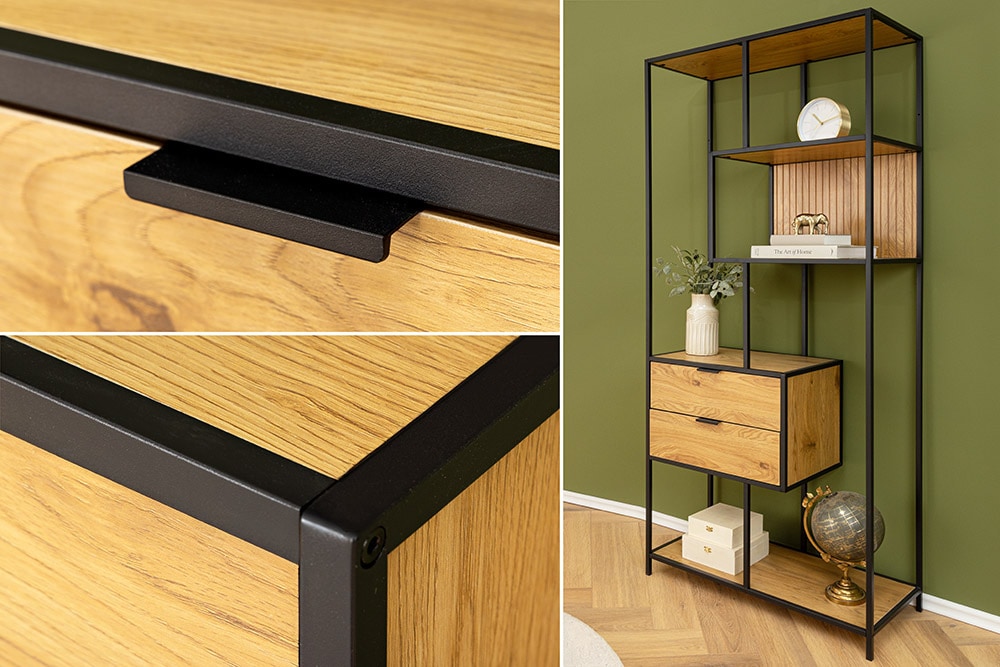 Industrial Bücherregal SLIM LINE 185cm Wildeiche schwarz Metall mit Schubladen