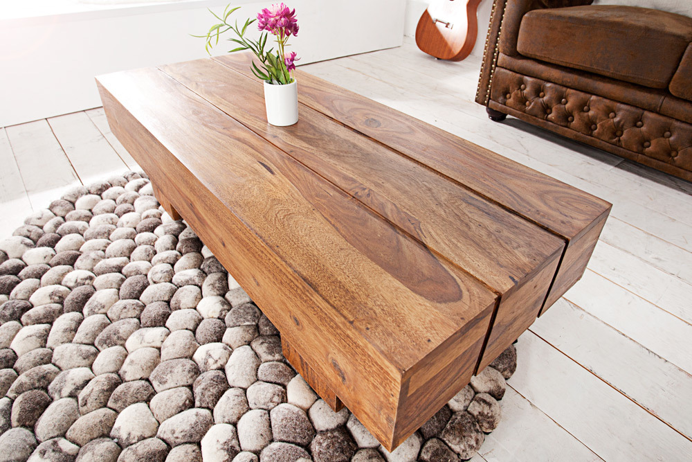 Massivholz Design Couchtisch BOLT 100cm braun Sheesham stone finish