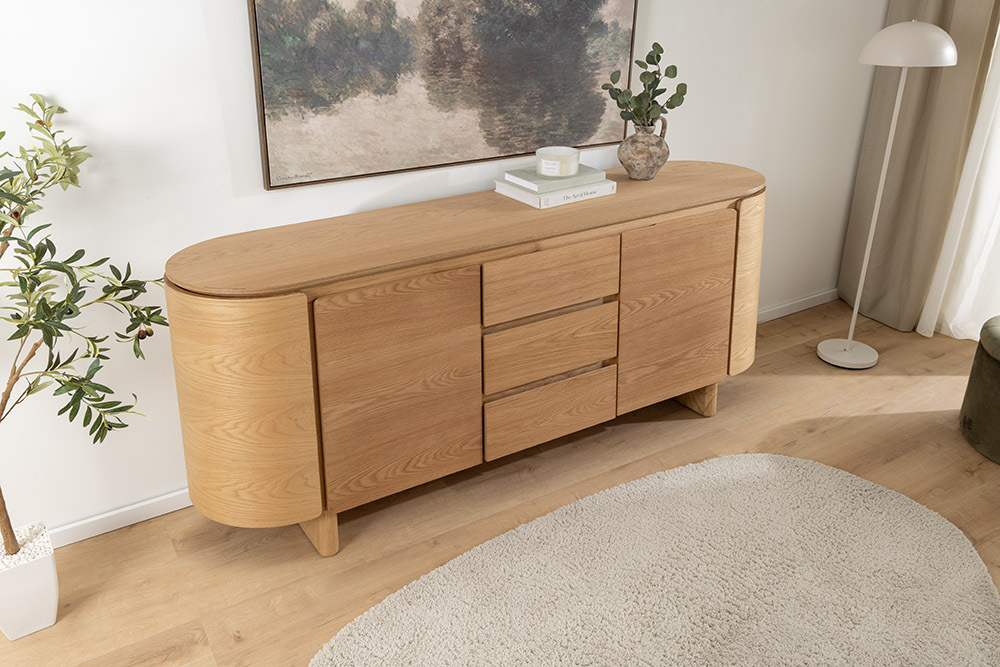 Modernes Sideboard OAK GRAIN 160cm natur Eichenholz vier Fächer mit drei Schubladen