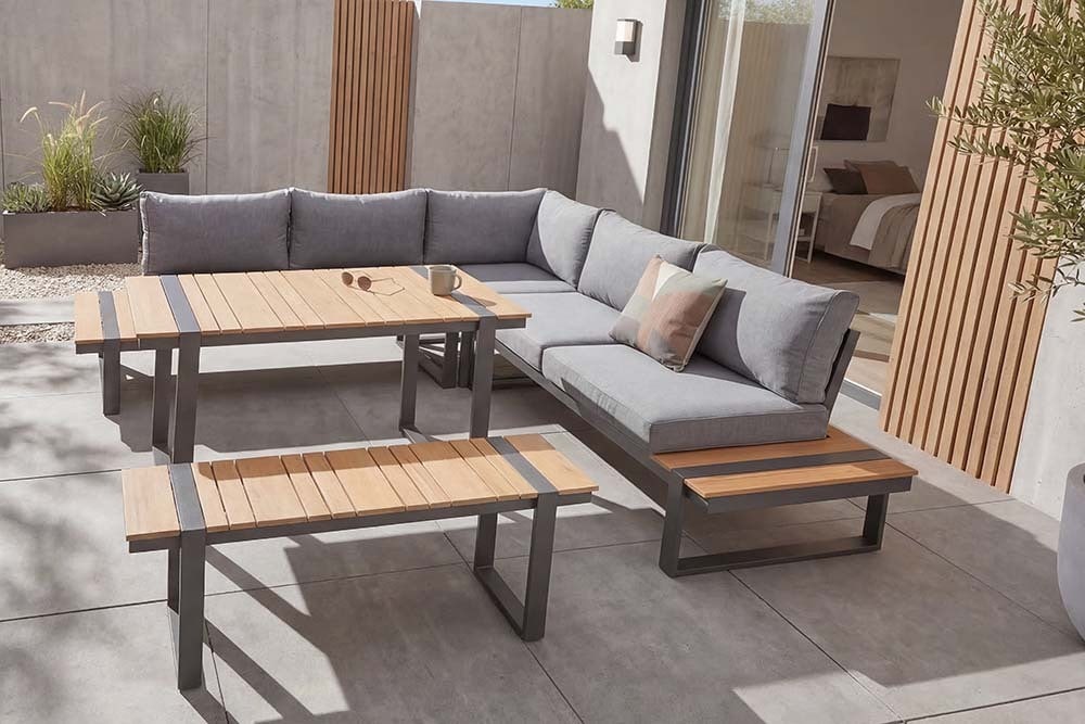 Wetterfestes Gartenmöbel Set TAMPA LOUNGE 250cm grau Aluminium inkl. Sitzbank Tisch Kissen