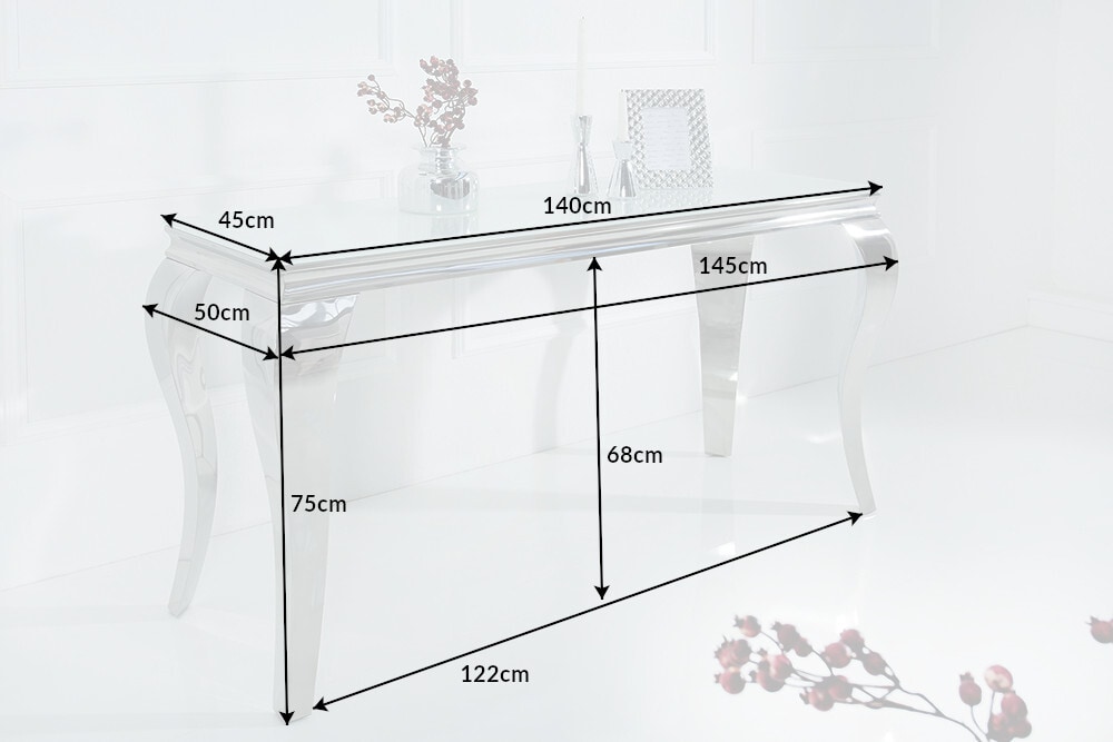 Eleganter Konsolentisch MODERN BAROCK 145cm weiß Edelstahlbeine Opalglas