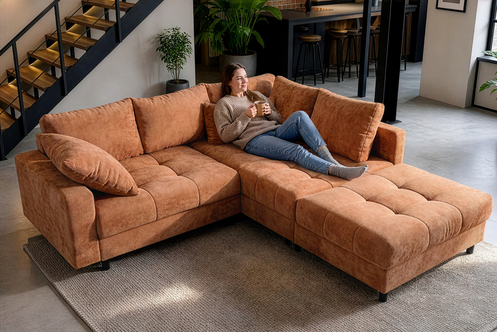 Modernes Ecksofa KENT 220cm rostbraun Chenille inkl. Hocker Federkern Wohnlandschaft