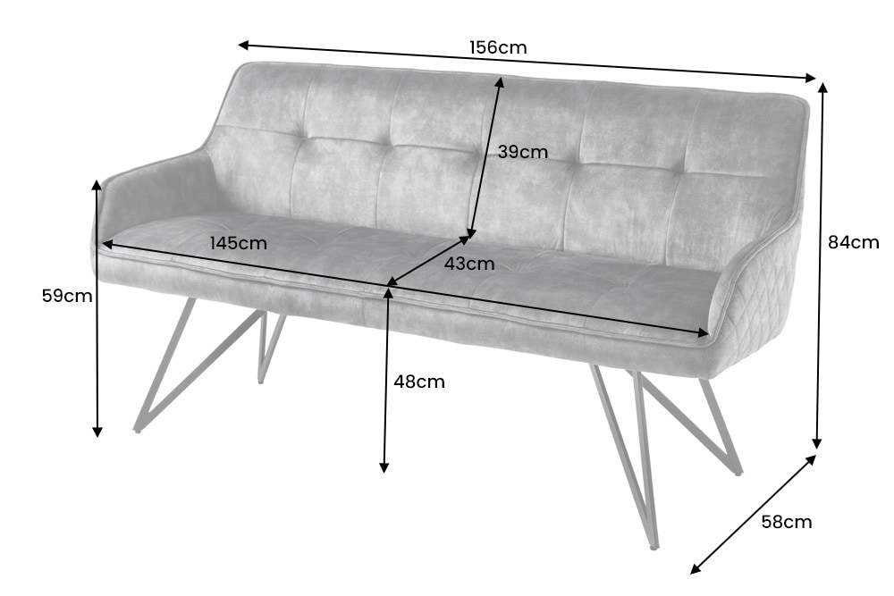 Design Sitzbank EUPHORIA 160cm dunkelgrau Samt Retrostil Ziersteppung Hairpin Legs Metallbeine Armlehnen
