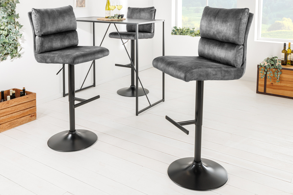Höhenverstellbarer Barhocker COMFORT dunkelgrau Samt drehbar mit Lehne Metall schwarz