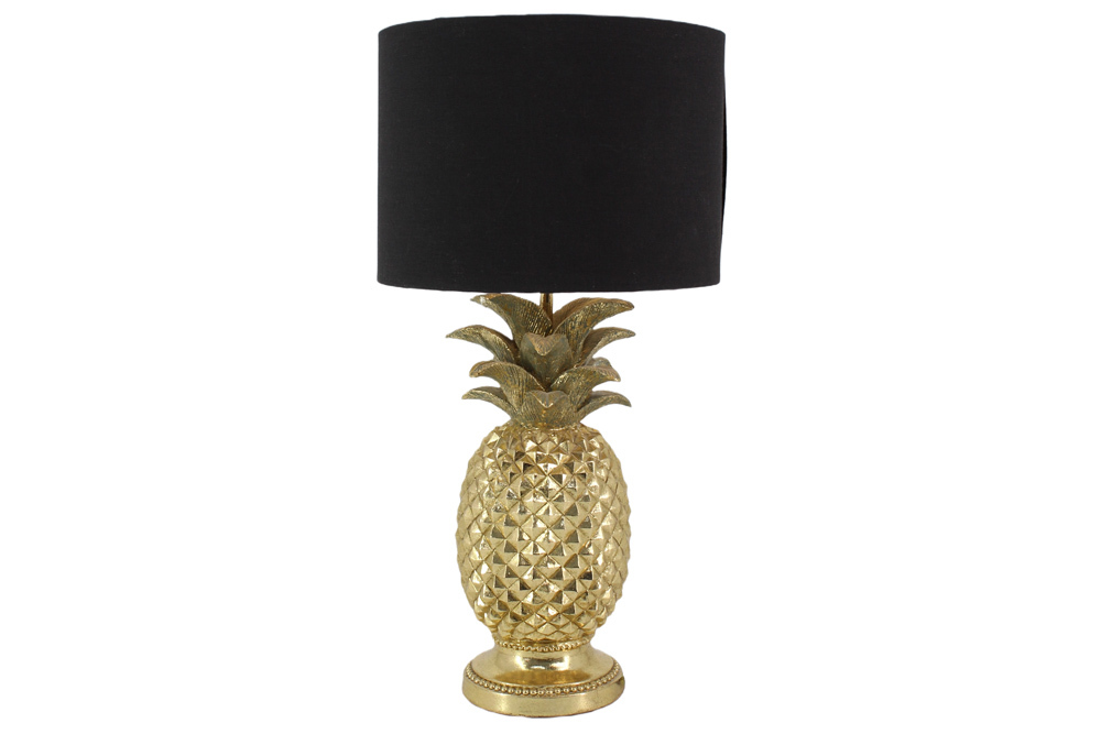Handgefertigte Tischlampe PINEAPPLE 50cm gold schwarz Ananas-Design mit Stoffschirm