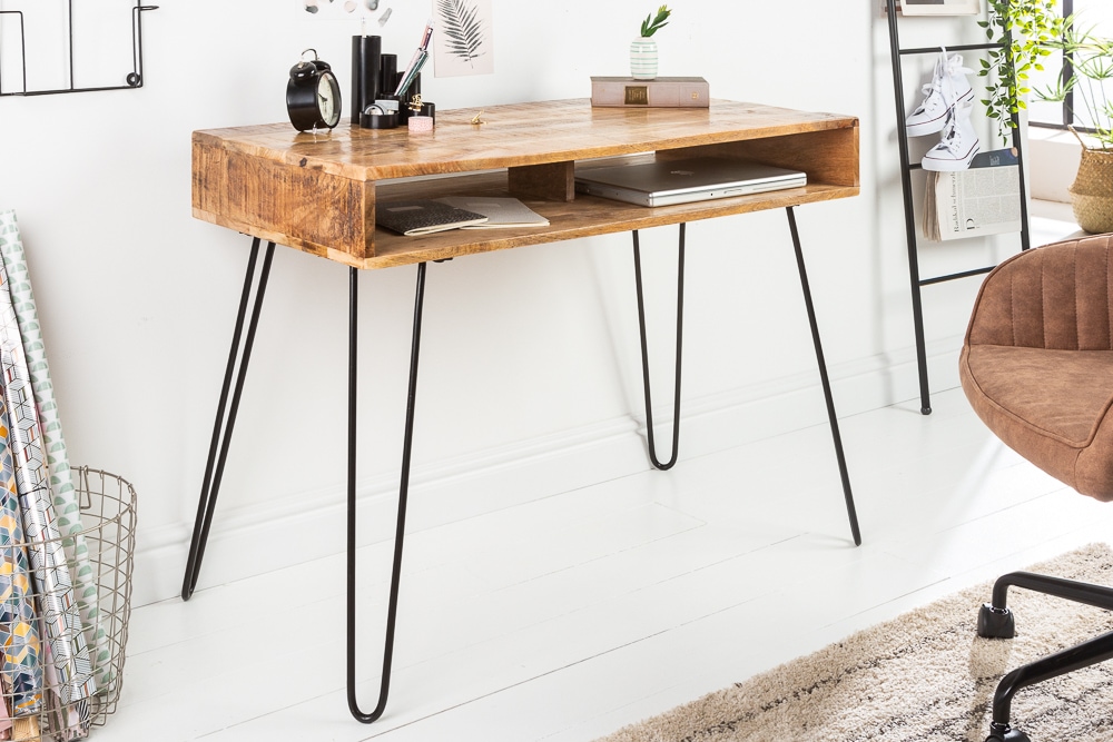 Massiver Schreibtisch SCORPION 100cm natur Mangoholz Hairpin Legs