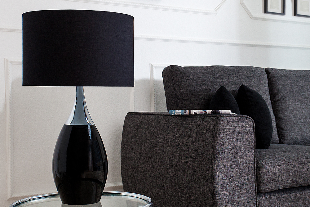 Moderne Tischlampe CARLA 60cm schwarz silber mit Leinenschirm