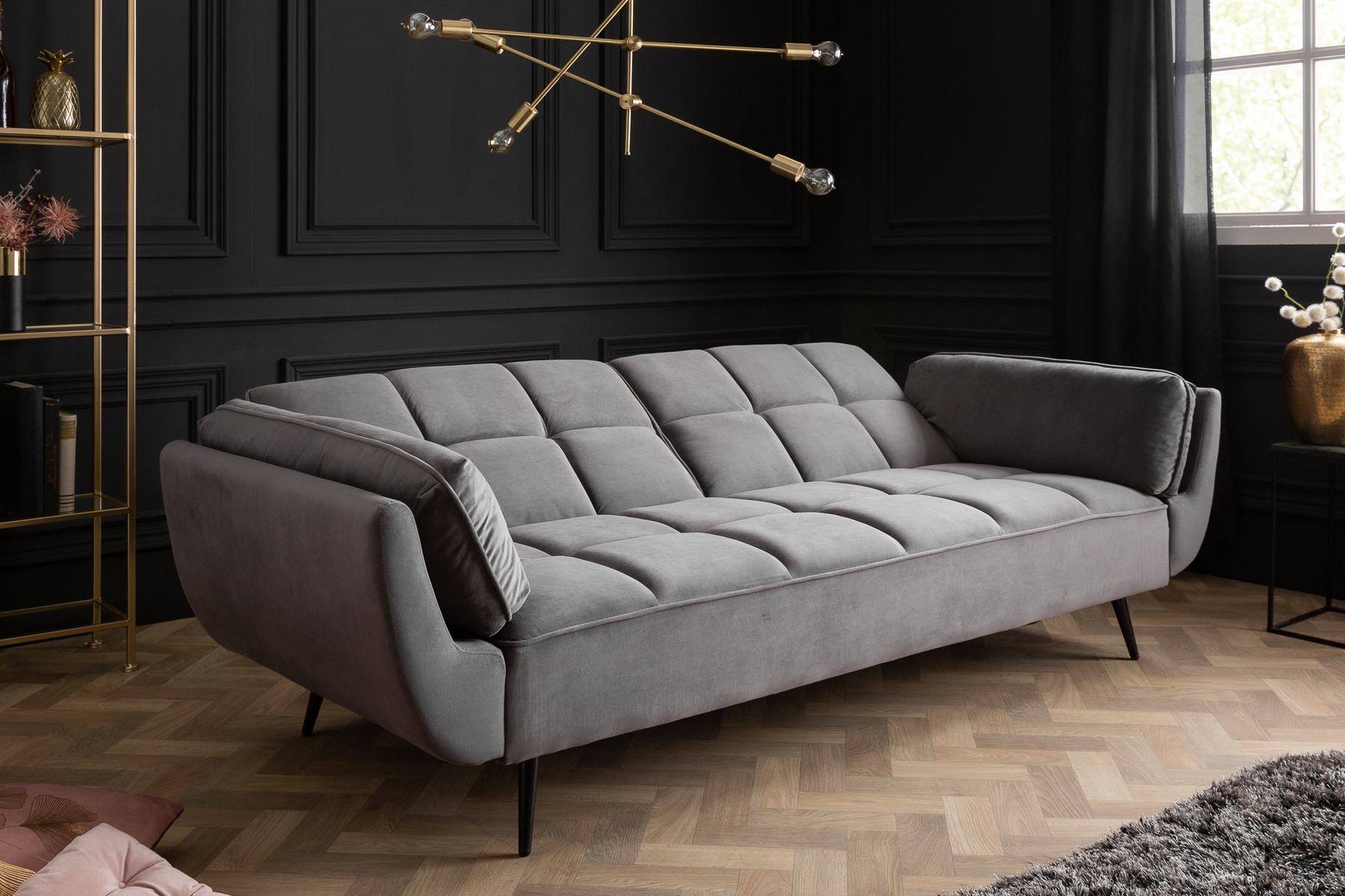 Retro Schlafsofa BOUTIQUE 215cm grau Samt 3-Sitzer mit schwarzen Füßen