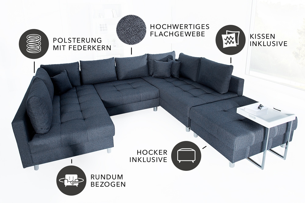 Moderne XXL Wohnlandschaft KENT 305cm anthrazit Federkern Bigsofa inkl. Hocker