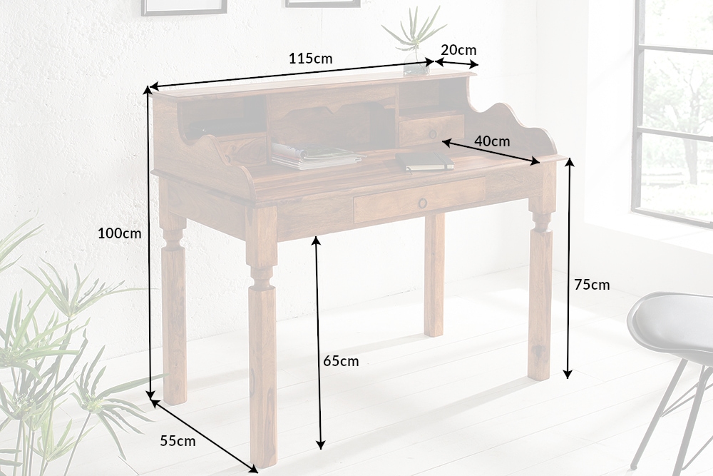 Design Sekretär HEMINGWAY L 115cm braun Sheesham Massivholz stone finish Schreibtisch
