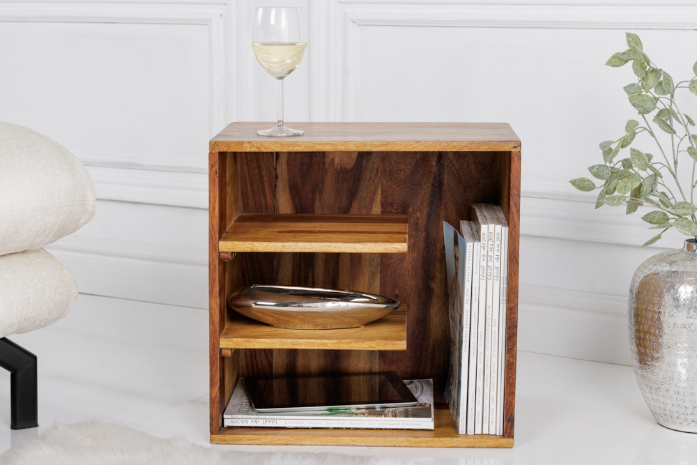 Massivholz Beistelltisch CUBUS 45cm braun Sheesham stone finish Regal Nachttisch