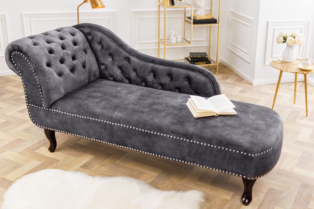 Design Récamière CHESTERFIELD 170cm grau strukturiertes Samt Knopfheftung Nietenbesatz