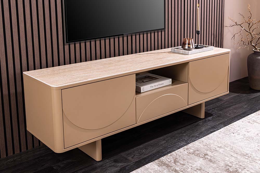 Design TV Board SAVOY 150cm grau beige greige Travertin Keramik mit Schublade 3D-Front » Jetzt kaufen