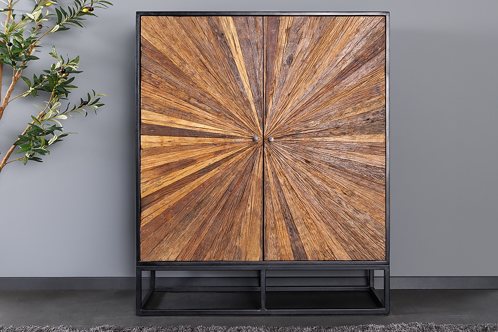 Massives Highboard BARRACUDA 120cm braun Mangoholz mit Teakholz-Front schwarz Metall