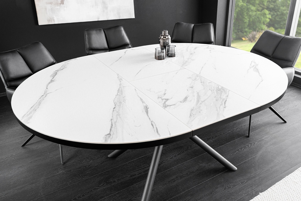 Ausziehbarer Esstisch MIKADO 120-160cm weiß Keramik oval schwarz Sterngestell