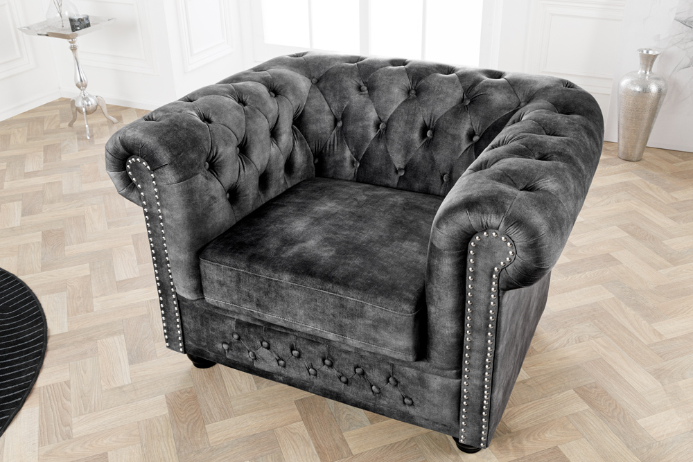 Barocker Sessel CHESTERFIELD grau Samt Federkern mit Knopfheftung