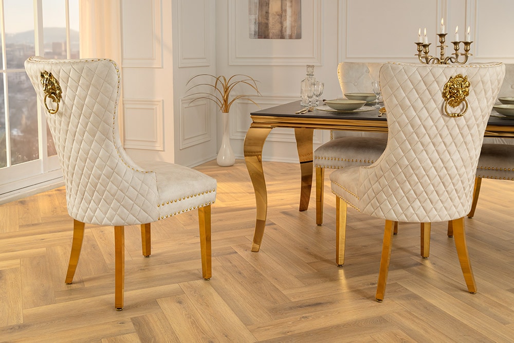 Barock Stuhl CASTLE DELUXE beige Samt gold Edelstahl mit Löwenkopf Ziernieten