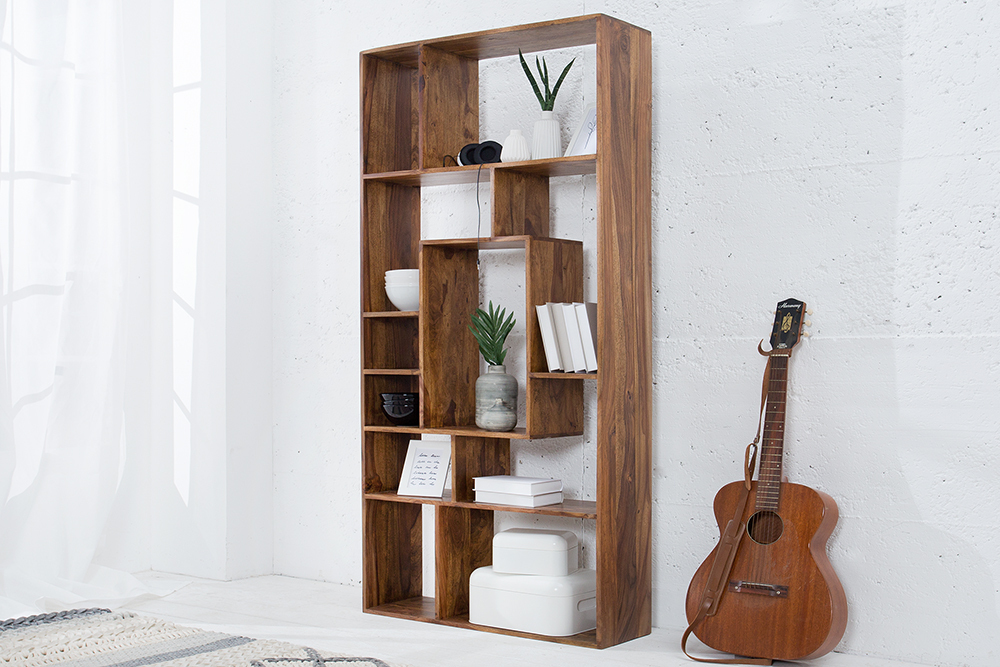 Massives Bücherregal CUBUS 180cm braun Sheesham stone finish einzigartige Maserung