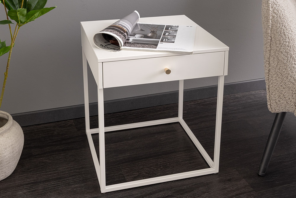 Industrial Beistelltisch SLIM LINE 50cm weiß Metall mit Schublade Nachttisch