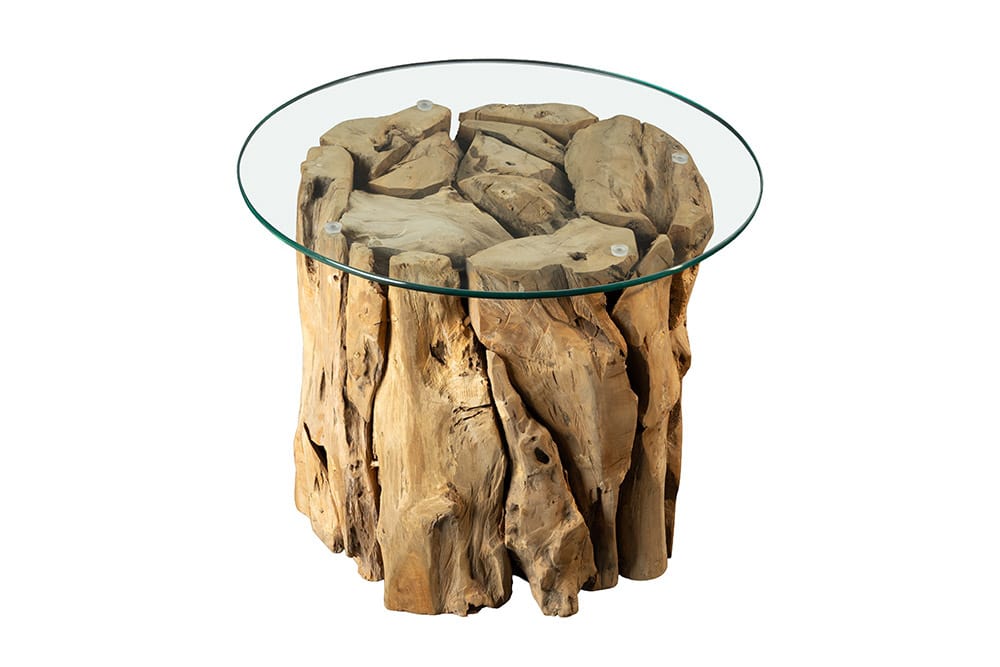 Handgearbeiteter Couchtisch RIVERSIDE 60cm Teakholz runde Glasplatte Massivholz