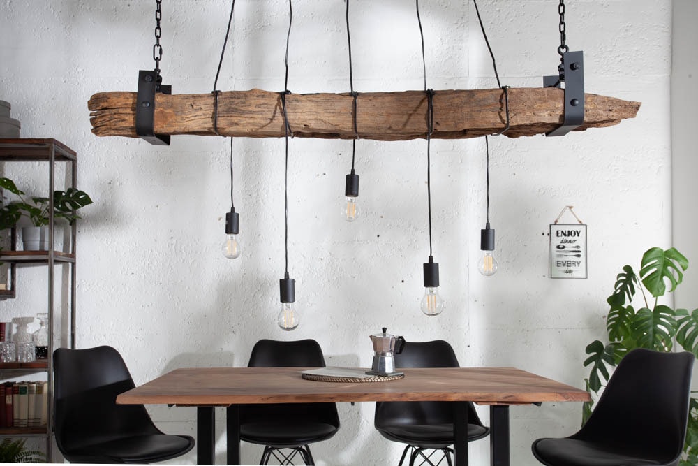 Industrial Hängelampe BARRACUDA 152cm recyceltes Massivholz mit 5 Leuchten