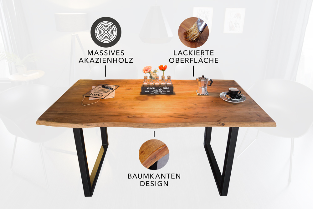 Massivholz Esstisch MAMMUT 160cm Wild-Akazie Industrial Design 2,6cm Tischplatte Baumkante