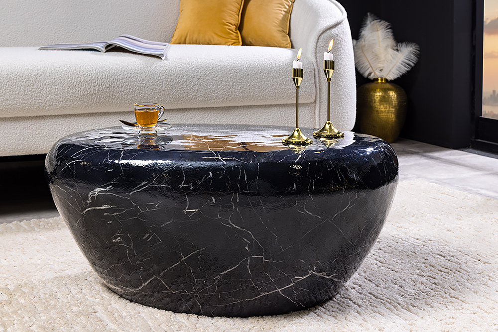 Handgefertigter Couchtisch STONE 75cm schwarz Marmor-Design Metall