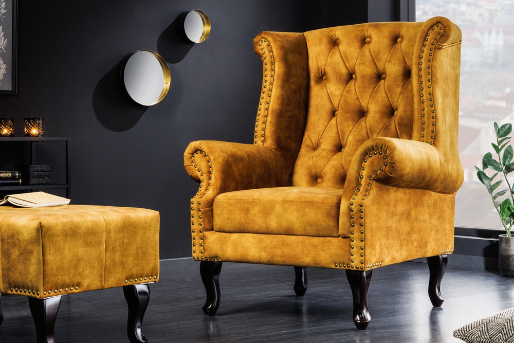 Design Ohrensessel CHESTERFIELD 85cm senfgelb Samt Knopfheftung