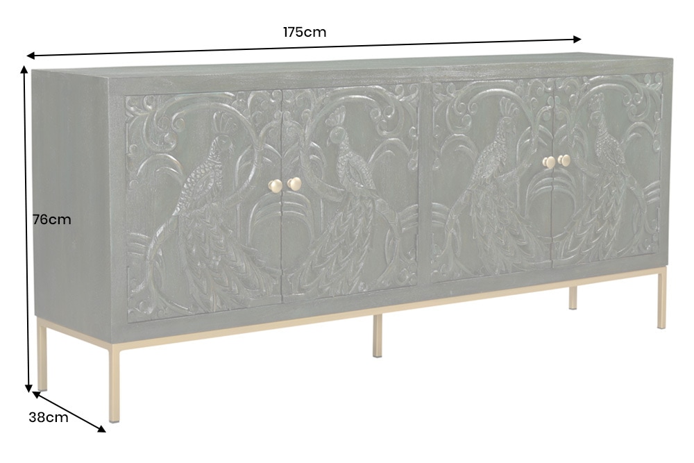 Massives Sideboard PEACOCK 175cm grün Mangoholz antik 3D Schnitzerei Pfau-Design