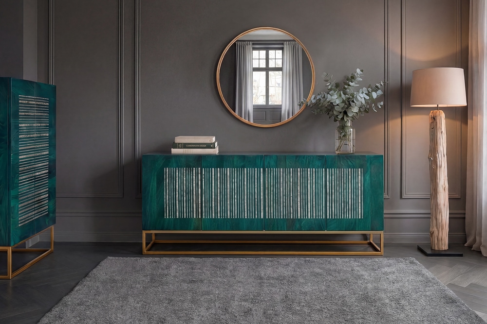 Massives Sideboard ONYX 180cm türkis Mangoholz Achat Edelstein gold Metallgestell