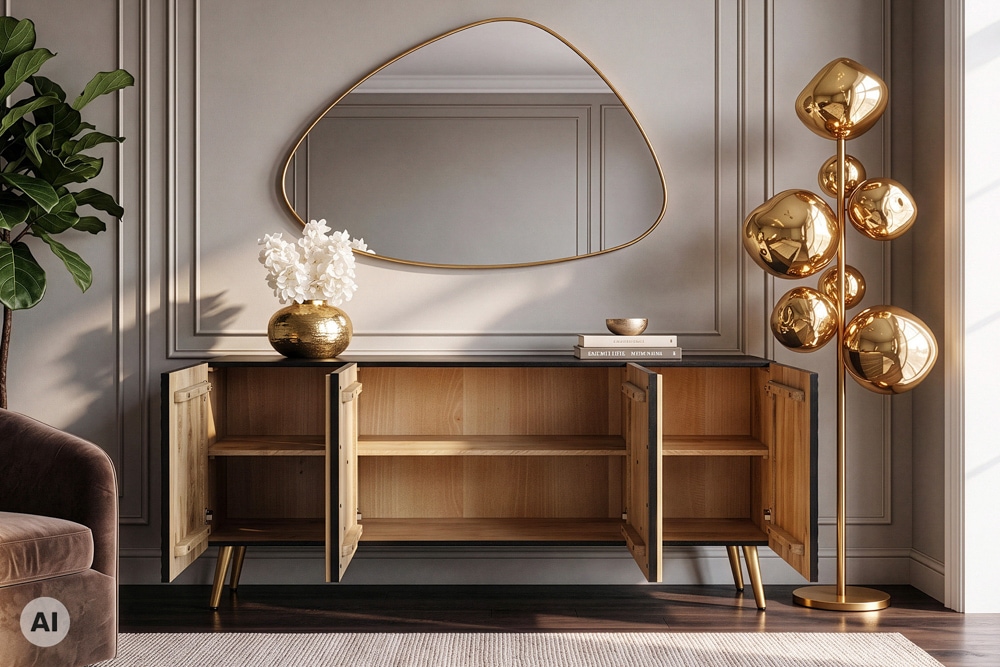 Massives Sideboard AURUM 180cm schwarz Mangoholz mit ikonischem Gold-Element