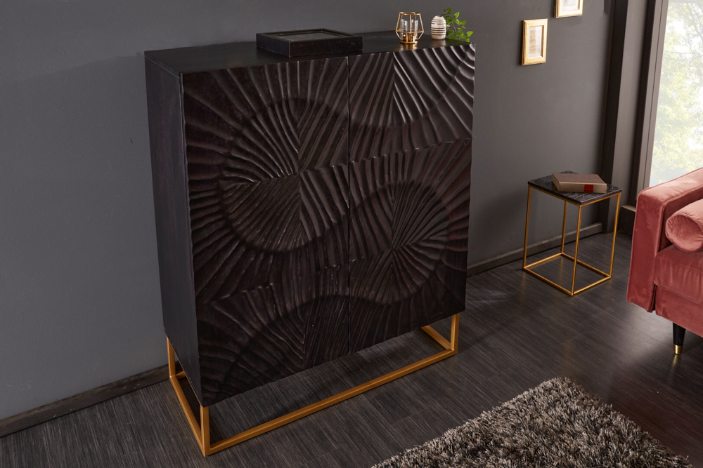 Massives Highboard SCORPION 120cm schwarz Mangoholz aufwendige 3D Schnitzereien