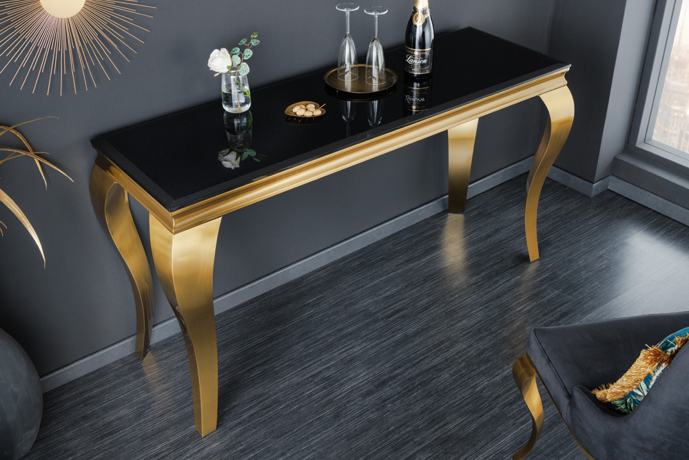 Eleganter Konsolentisch MODERN BAROCK 145cm schwarz gold Opalglas Edelstahlbeine