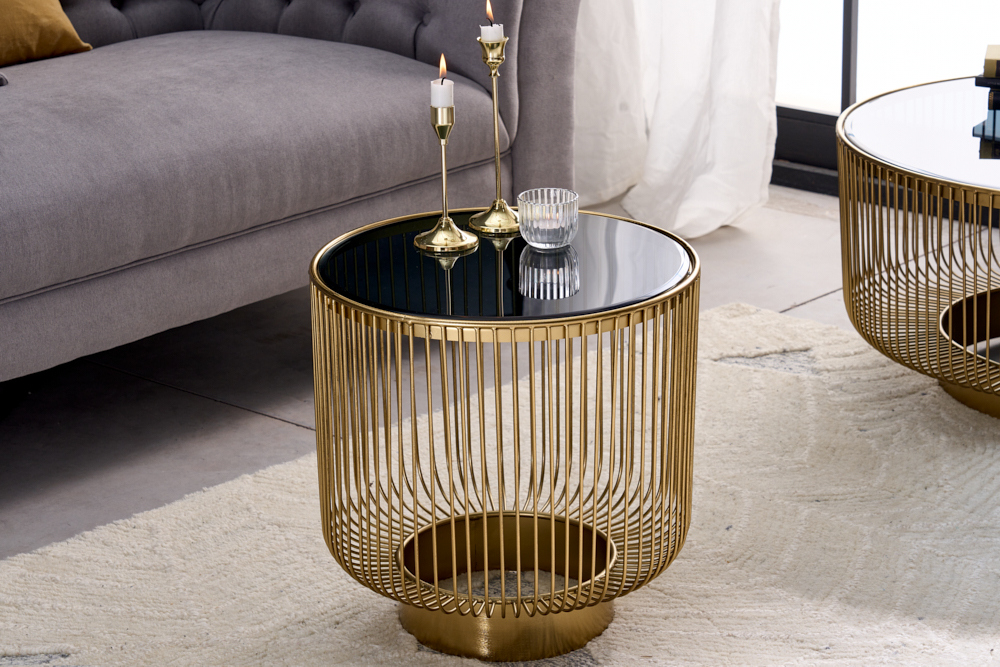 Filigraner Design Beistelltisch VARIATION 50cm gold Metall rund Schwarzglas Handarbeit