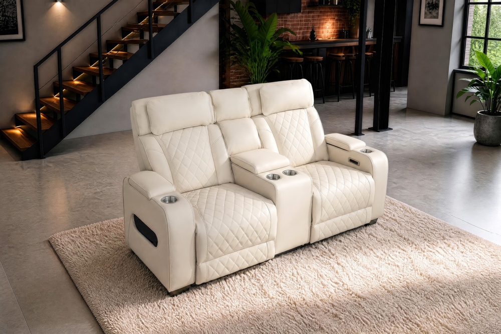 Elektrischer 2er Kinosessel HOLLYWOOD beige Kunstleder Relaxfunktion Getränkehalter