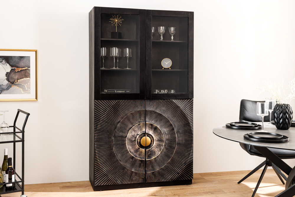 Massives Highboard GOLDEN SUNSET 180cm schwarz gold Mangoholz mit Glastüren Vitrine
