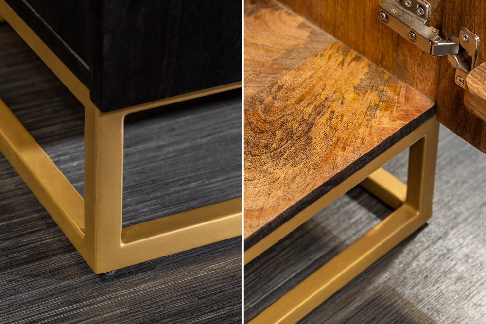 Extravagantes Highboard ANGEL 140cm schwarz Mangoholz mit goldenen Flügeln