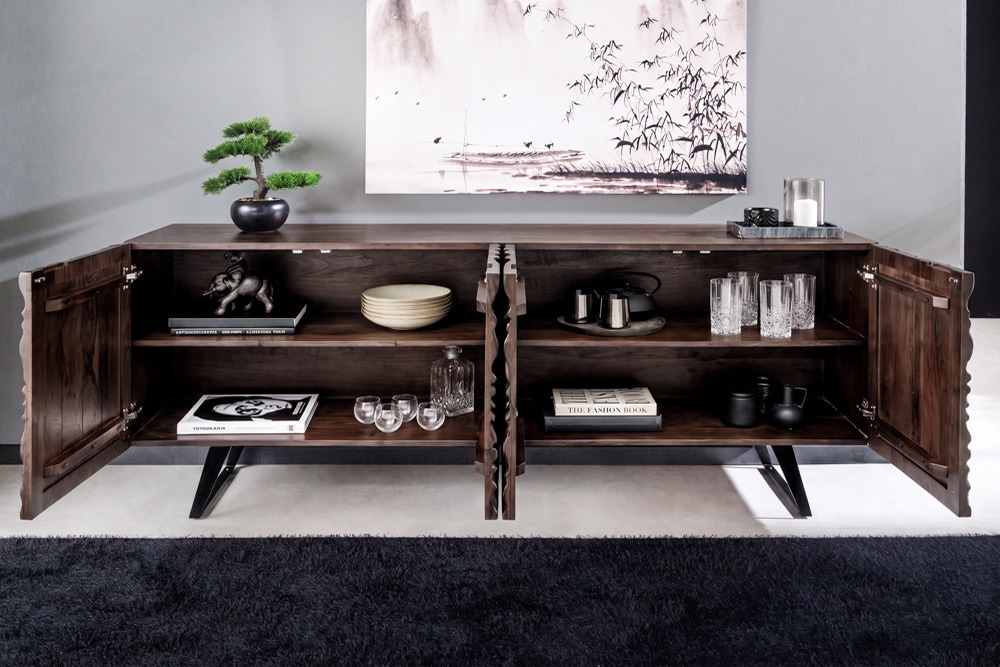 Massives Sideboard FLUID 175cm braun Mangoholz 3D-Design Kufengestell