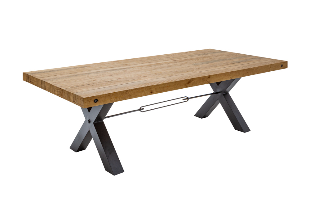 Massivholz Esstisch THOR 200cm vintage braun Pinie recycelt Industrial Design Eisen X-Gestell