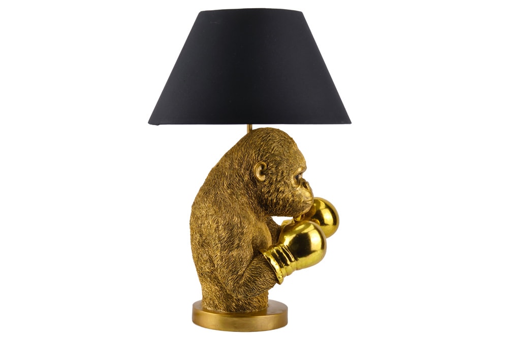 Handgefertigte Tischlampe KING APE 55cm schwarz gold Stoffschirm Affen-Skulptur