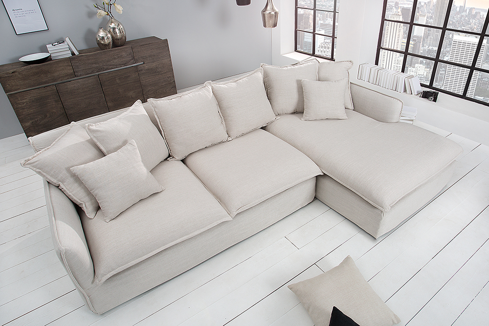 Großes Ecksofa HEAVEN 255cm natur beige Leinenstoff Federkern inkl. Kissen
