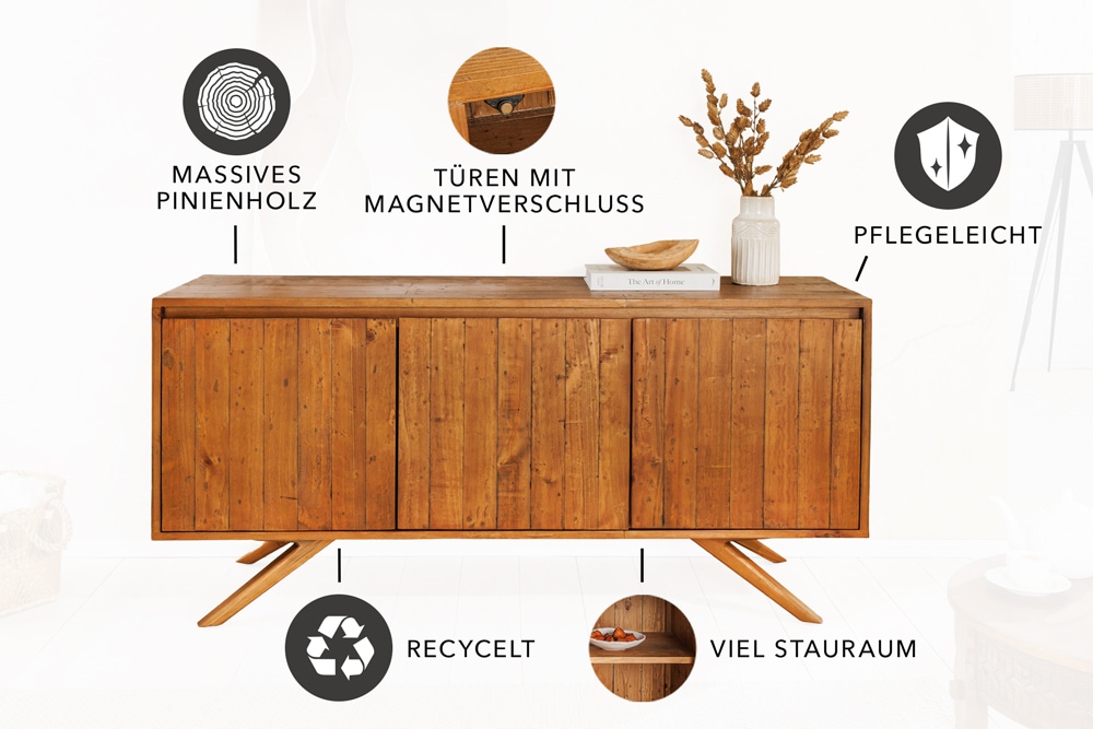 Massives Sideboard FINCA 150cm vintage braun recyceltes Pinienholz