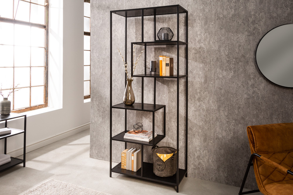 Industrial Bücherregal SLIM LINE 185cm Esche schwarz sechs Regalböden