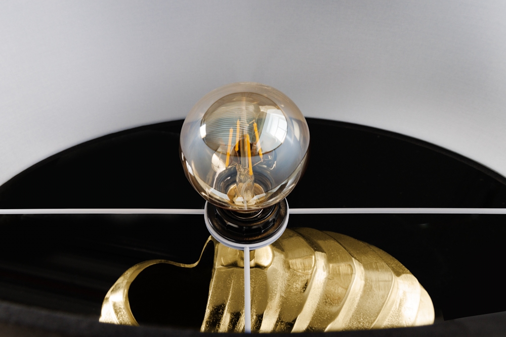 Design Tischlampe SHELL 60cm gold schwarz Metall Stoffschirm maritim