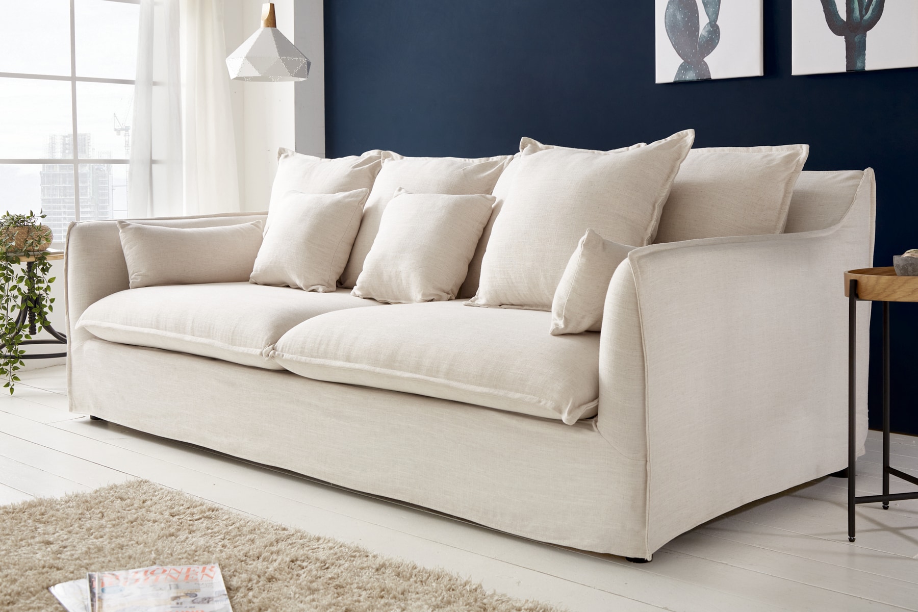 Großes 3-Sitzer Sofa HEAVEN 200cm natur beige Leinenstoff Federkern Hussensofa
